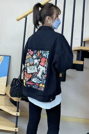 2023早春新款后背印花宽松气质百搭牛仔外套女BF原宿夹克潮流上衣图片