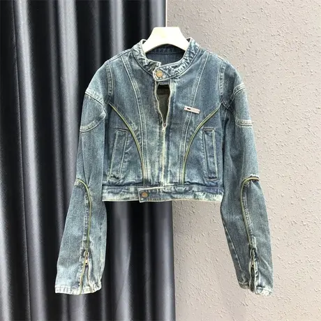 韩版2023秋季新款小众街头辣妹复古怀旧洗水拼接牛仔夹克短外套女图片