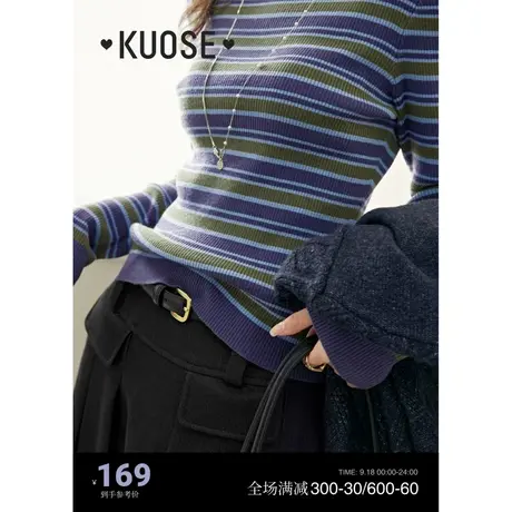 阔色蓝色半高领条纹针织衫女2023新款秋冬季修身内搭打底衫毛衣商品大图