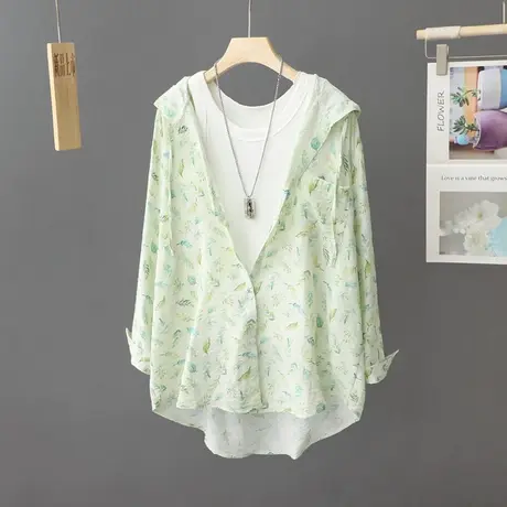 中长款防晒上衣女夏季开衫宽松薄款连帽外套印花衬衫防晒衫衬衣女商品大图