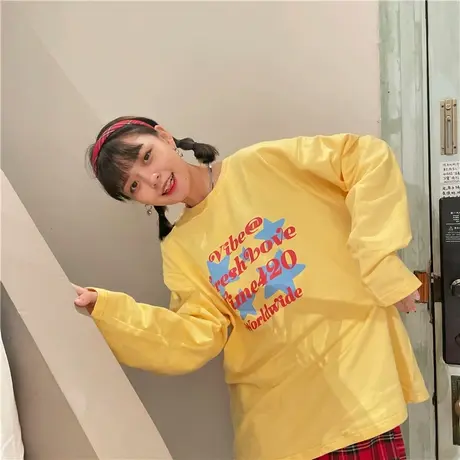 红续原创创意星星新款韩版港风ins宽松oversize纯棉长袖T恤卫衣女商品大图