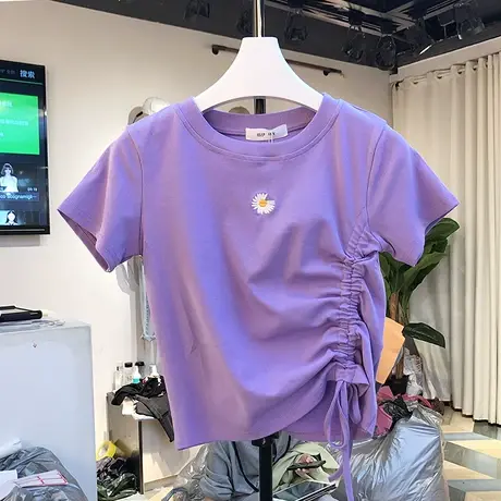 短袖t恤女夏2020新款韩版ins潮刺绣小雏菊设计感抽绳高腰短款上衣商品大图