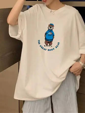 白色t恤女百搭休闲风大码oversize仿棉短袖ins潮夏季美式卡通上衣商品大图