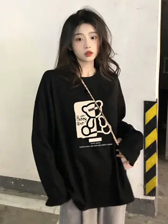 初秋2023新款女装黑色仿棉长袖t恤冬季洋气减龄内搭打底衫上衣服商品大图