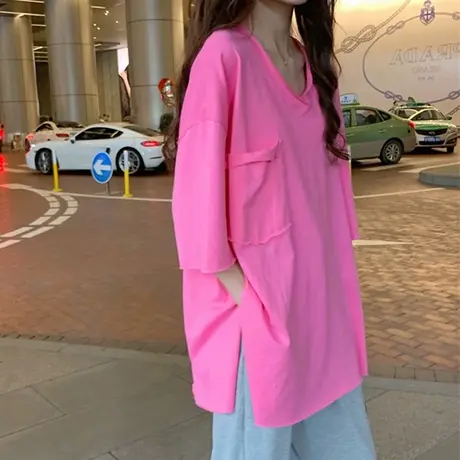 开叉t恤女夏2021新款韩版宽松显瘦半袖体恤小清新短袖设计感上衣商品大图