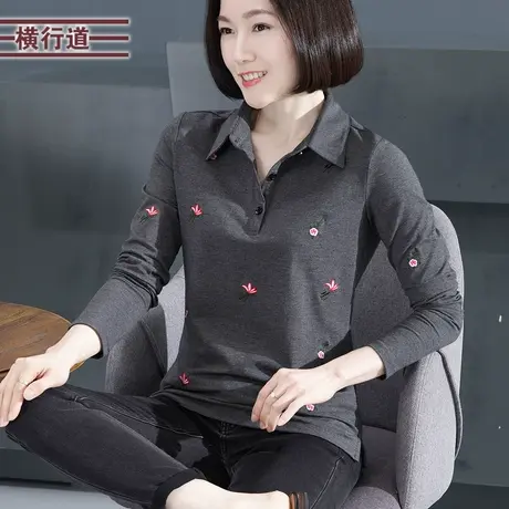 衬衫领绣花长袖翻领宽松打底衫女装外穿大码冬装女装2023新款体恤商品大图