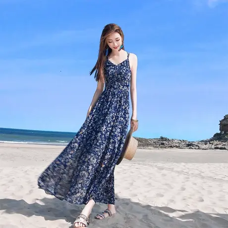 碎花吊带连衣裙女夏新款雪纺大摆长裙无袖修身显瘦海边度假沙滩裙图片