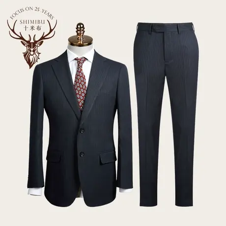 十米布春季平驳领黑色条纹西服套装男商务休闲修身正装西装外套男图片