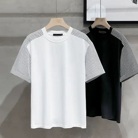 条纹拼接短袖夏季男款潮牌痞帅精神重磅半袖2023新款黑色韩版T恤商品大图