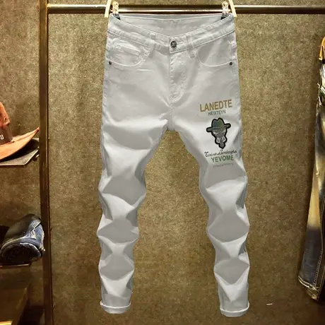 高端白色牛仔裤男修身小脚裤男士原创潮牌印花图案白裤子休闲百搭商品大图