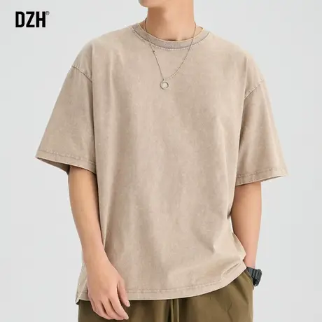 男士美式纯棉t恤男夏季潮牌宽松男装2023新款卡其色短袖纯色百搭商品大图