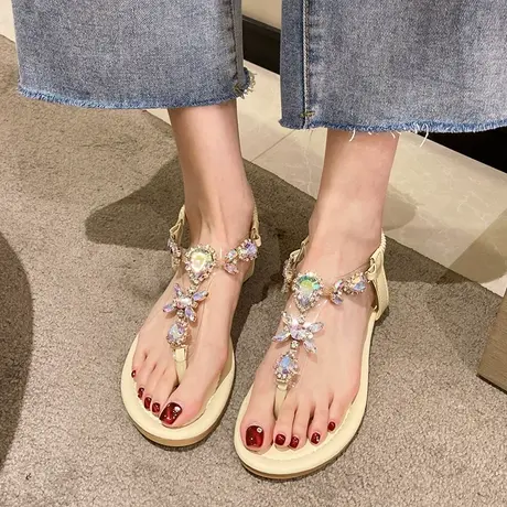 凉鞋女平底2023年新款夏季百搭网红仙女风时尚水钻夹趾罗马沙滩鞋商品大图