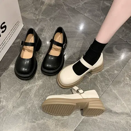 永希玛丽珍单鞋子女2023年夏季新款仙女风配裙子粗跟一字带高跟鞋商品大图