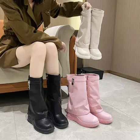 网红炸街裤腿靴长靴女2023秋季新款复古厚底英伦显腿长百搭瘦瘦靴图片