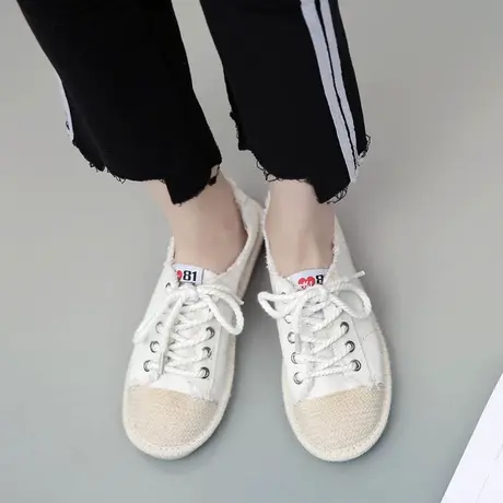 2020春夏渔夫鞋女平底透气一脚蹬懒人鞋帆布鞋女薄底复古原宿单鞋商品大图