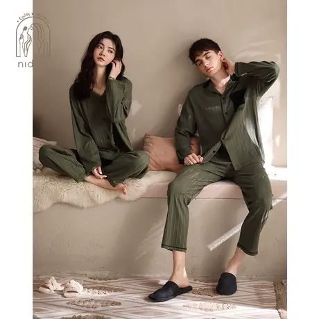 妮狄娅情侣睡衣春秋季气质纯棉长袖女条纹男翻领开衫家居服套装商品大图