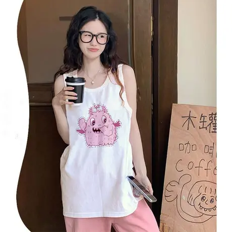 美式复古纯棉吊带运动坎肩背心无袖t恤女夏季外穿宽松篮球服上衣商品大图