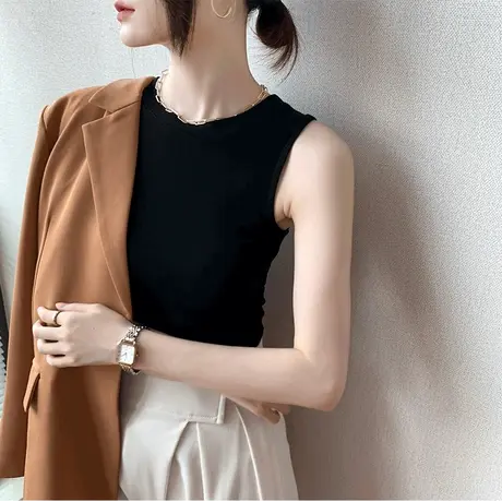 莫代尔吊带背心女2023春夏黑色薄款圆领开衫内搭无袖T恤打底上衣商品大图