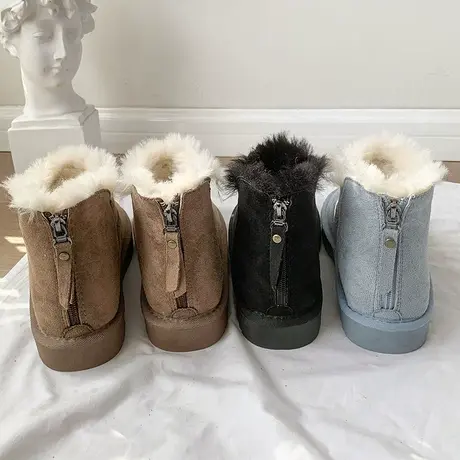 雾霾蓝毛毛雪地靴女款冬季加绒加厚短筒拉链可爱棉鞋保暖面包棉靴图片