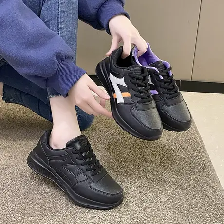 小皮鞋黑鞋2023春秋女鞋黑色百搭皮面运动鞋防水防滑工作单鞋厨房商品大图