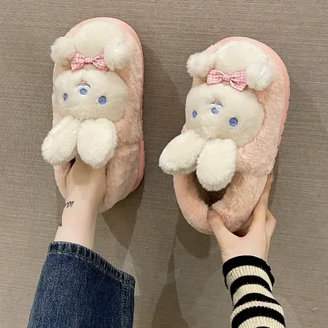 月子棉拖鞋女冬季厚底防滑包跟室内外穿卡通可爱兔子毛绒保暖棉鞋商品大图