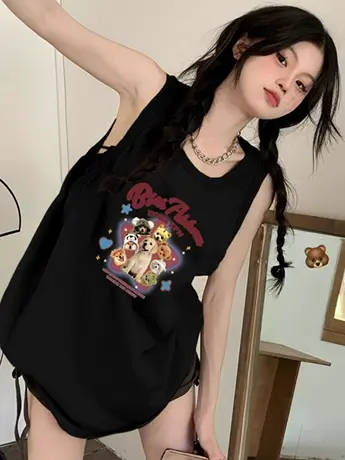 纯棉吊带运动背心无袖t恤女2024新款夏季设计感小众外穿宽松上衣图片
