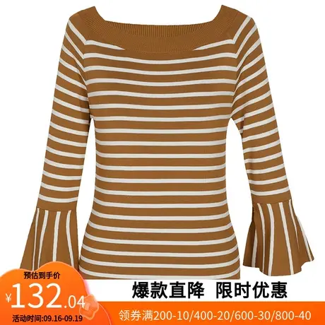 【艾格】2023春季新款女一字领九分袖喇叭袖条纹弹力毛衣针织衫图片