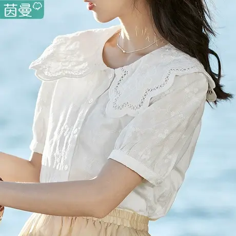 茵曼法式文艺衬衣女2023年夏季新款纯棉白色小众娃娃领泡泡袖衬衫图片