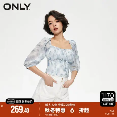ONLY2023秋季新款时尚通勤风方领满印修身短款雪纺衫女|12336X001商品大图