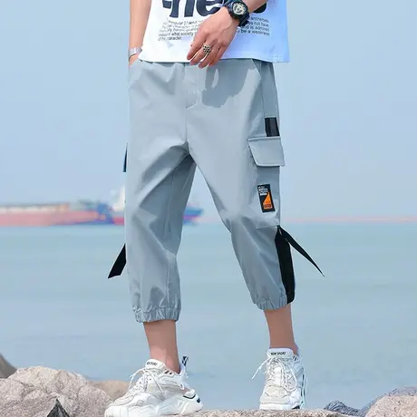 工装七分裤男夏季潮牌宽松多口袋束脚短裤男生潮流日系过膝休中裤商品大图