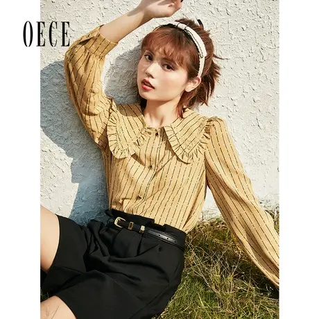 Oece法式条纹衬衫春秋新款女装复古设计感小众长袖女上衣图片