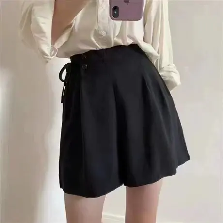 韩版高腰花苞短裤女士侧边绑带西裤气质简约休闲显瘦百搭阔腿裤潮商品大图