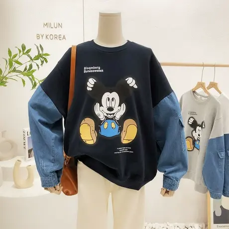 韩国东大门上衣2022春季新款原宿港味卡通休闲牛仔衬衫袖卫衣大码图片