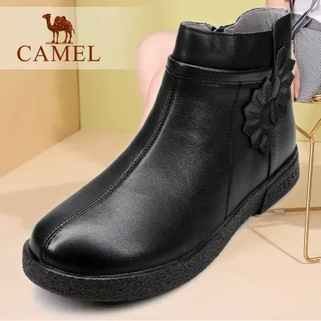 Camel/骆驼女鞋 冬季加绒保暖真牛皮舒适休闲平跟休闲妈妈短靴子图片