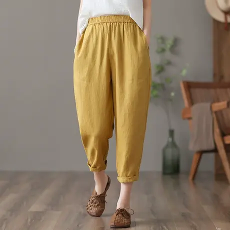 dza 高腰显瘦复古九分棉麻女裤夏季薄款亚麻裤宽松阔腿裤直筒裤子图片