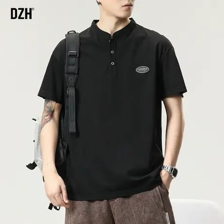 黑色亨利领t恤冰丝短袖男士夏季潮牌男装衣服休闲上衣半袖体恤衫商品大图