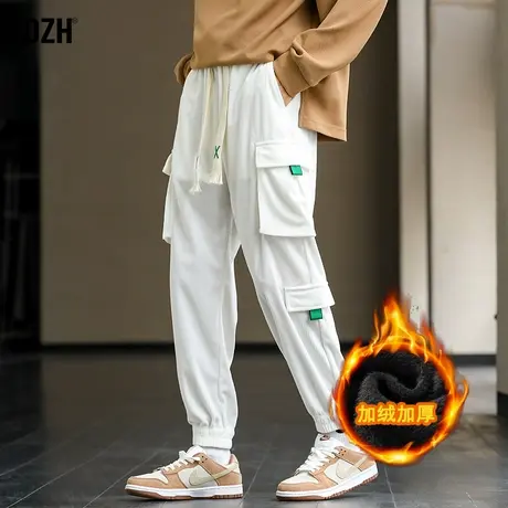 男士白色加绒运动裤男宽松束脚工装裤潮牌加厚灯芯绒裤子冬季休闲商品大图