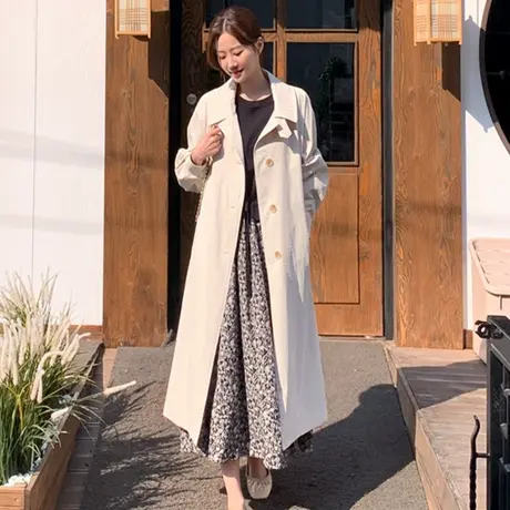 纯诗曼春秋新款中长款风衣女韩版宽松大码单排扣时尚休闲外套大衣图片