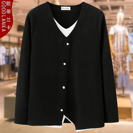 大码妈妈秋装假两件长袖T恤女200斤宽松显瘦洋气不规则打底衫上衣图片