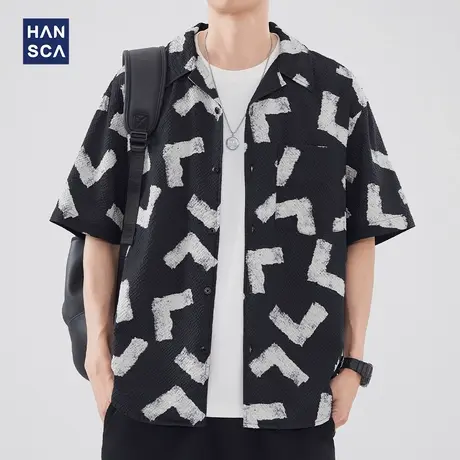 hansca翻领泡泡纱短袖衬衫男夏季薄款日系沙滩透气凉爽花衬衣外套商品大图