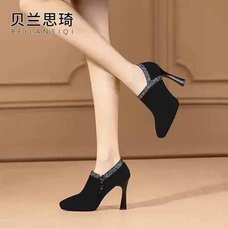 磨砂真皮尖头拼接深口细跟单鞋女2025春秋季新款防水台高跟鞋图片