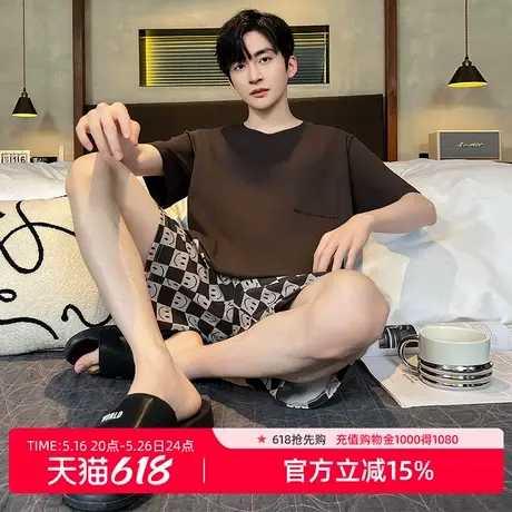 雅黛丽男士2025新款夏季睡衣纯棉面料舒适透气简约短袖短裤套装商品大图