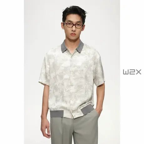 w2xw2x夏季薄款缎面丝绸手感印花短袖衬衫男POLO领青年休闲衬衣潮商品大图