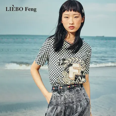 裂帛LIEBOFeng2023年夏新款商场同款经典复古棋盘格纹刺绣针织T恤图片