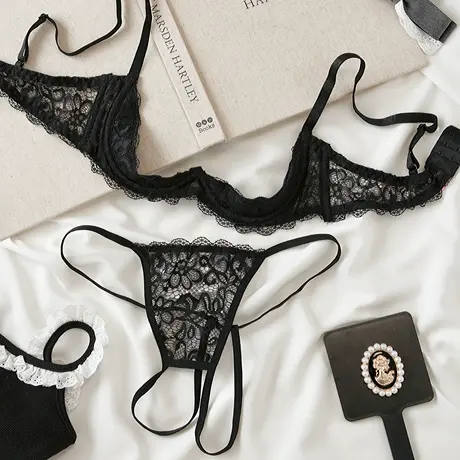 法式浪漫镂空半杯内衣蕾丝刺绣文胸套装内裤图片