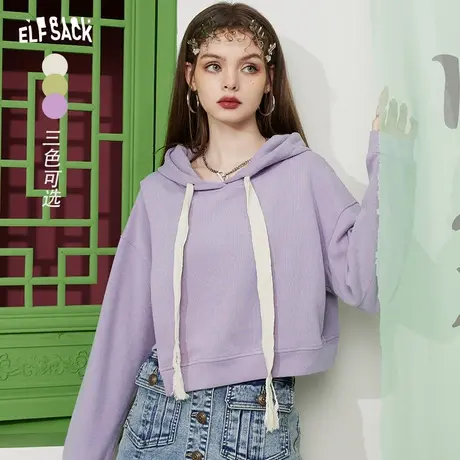 妖精的口袋紫色连帽短款卫衣女2023春秋新款小个子套头休闲宽松潮图片