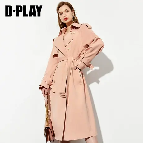 DPLAY德帕拉2021秋季新款橘粉色系带收腰时尚气质中长款风衣外套商品大图