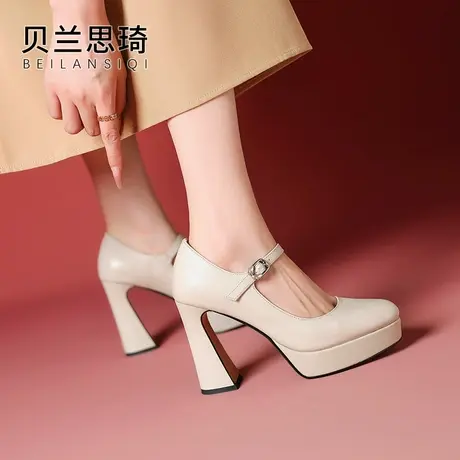 真皮一字带圆头厚底粗跟单鞋女2025春秋季模特走秀防水台高跟鞋图片