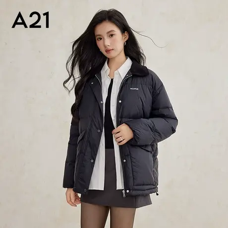 A21女装梭织宽松翻领落肩开襟中短羽绒服百搭保暖冬季面包服外套商品大图