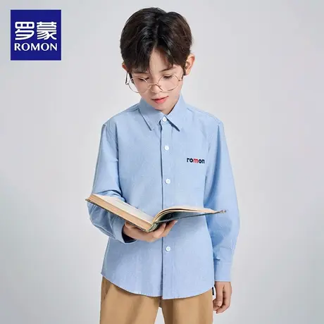 罗蒙童装男童衬衫2025新款春秋季学院风刺绣长袖校园服蓝色衬衣商品大图